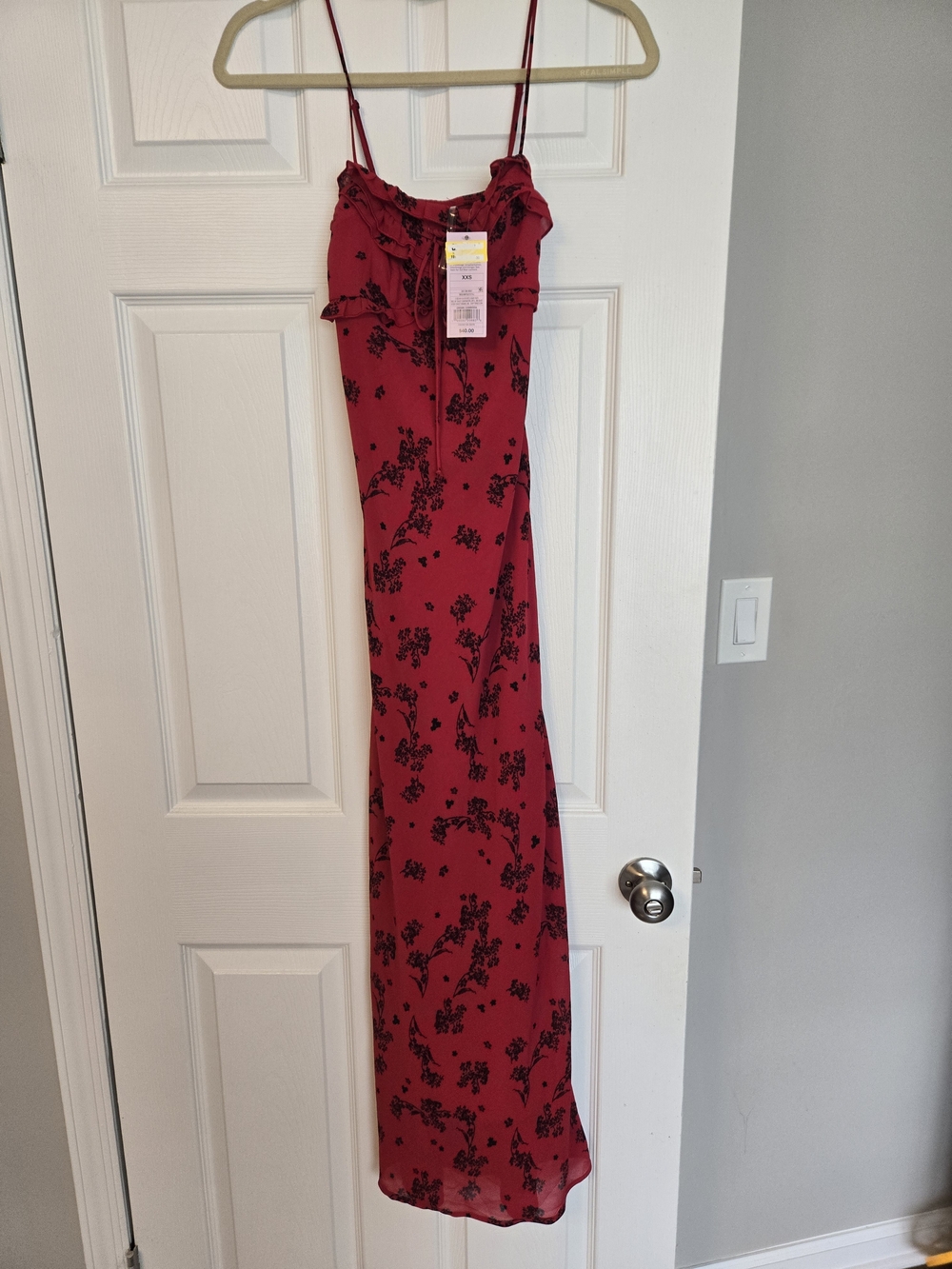 Red Floral Chiffon Dress with Ruffle Neckline